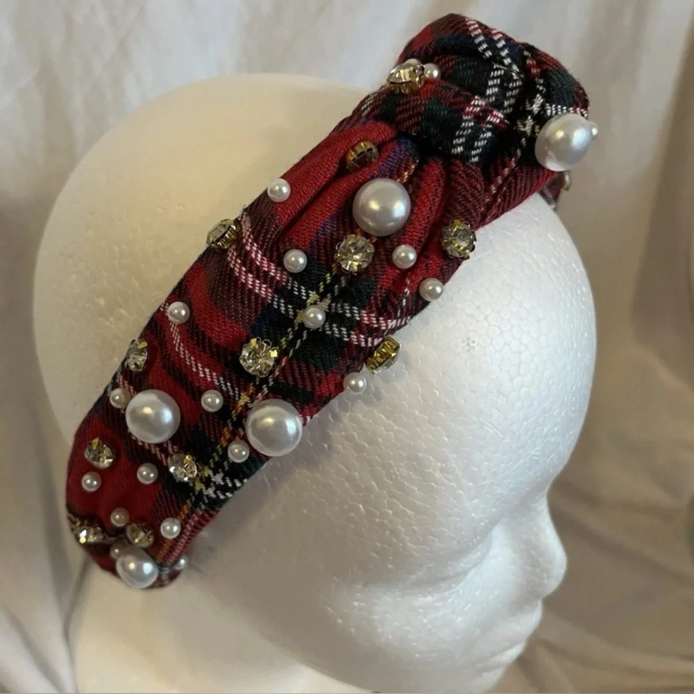 Plaid Red Headband with Faux Pearls & Rhinestones – Preppy & Chic